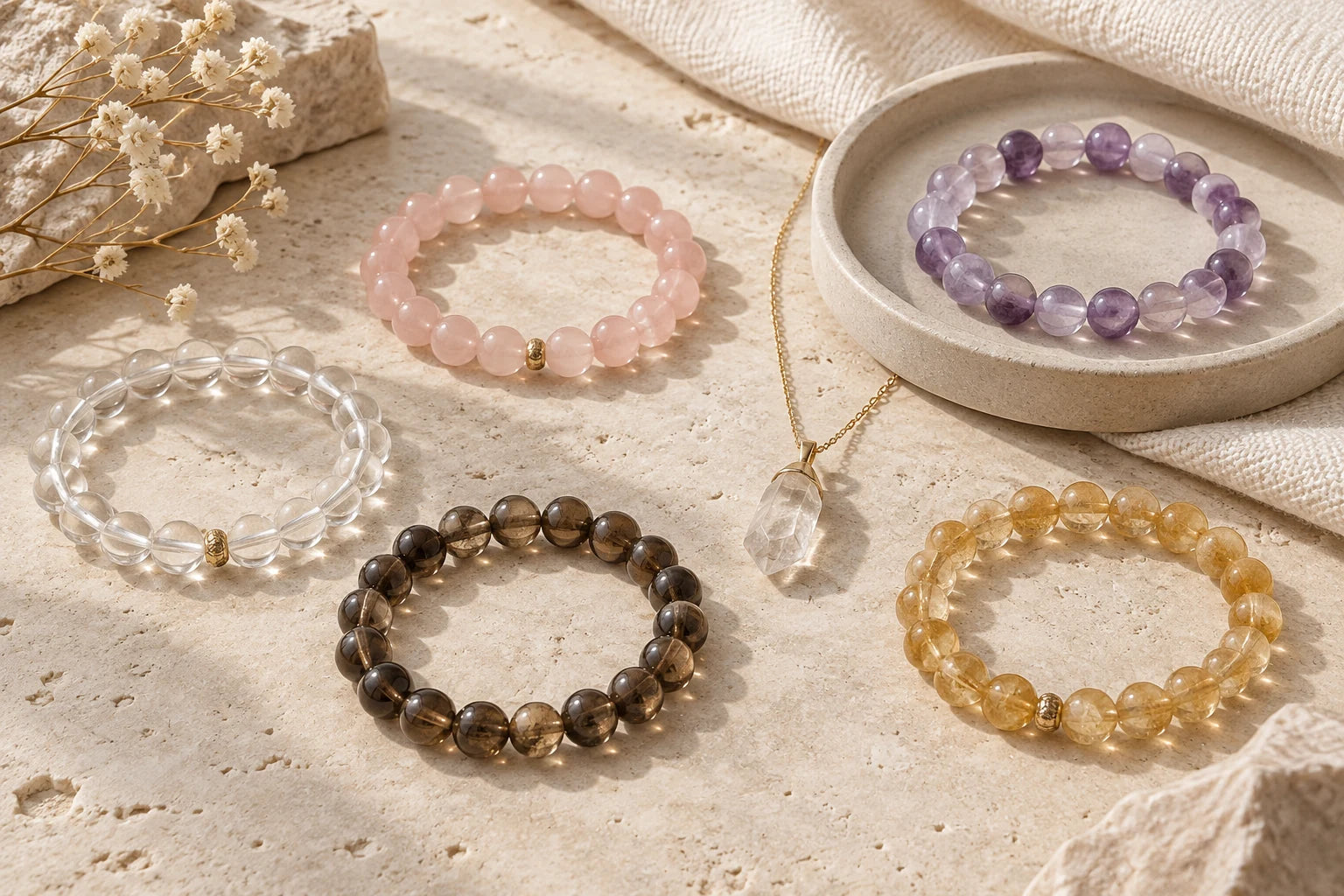 Natural crystal bracelets and pendant styled on a warm ivory stone surface
