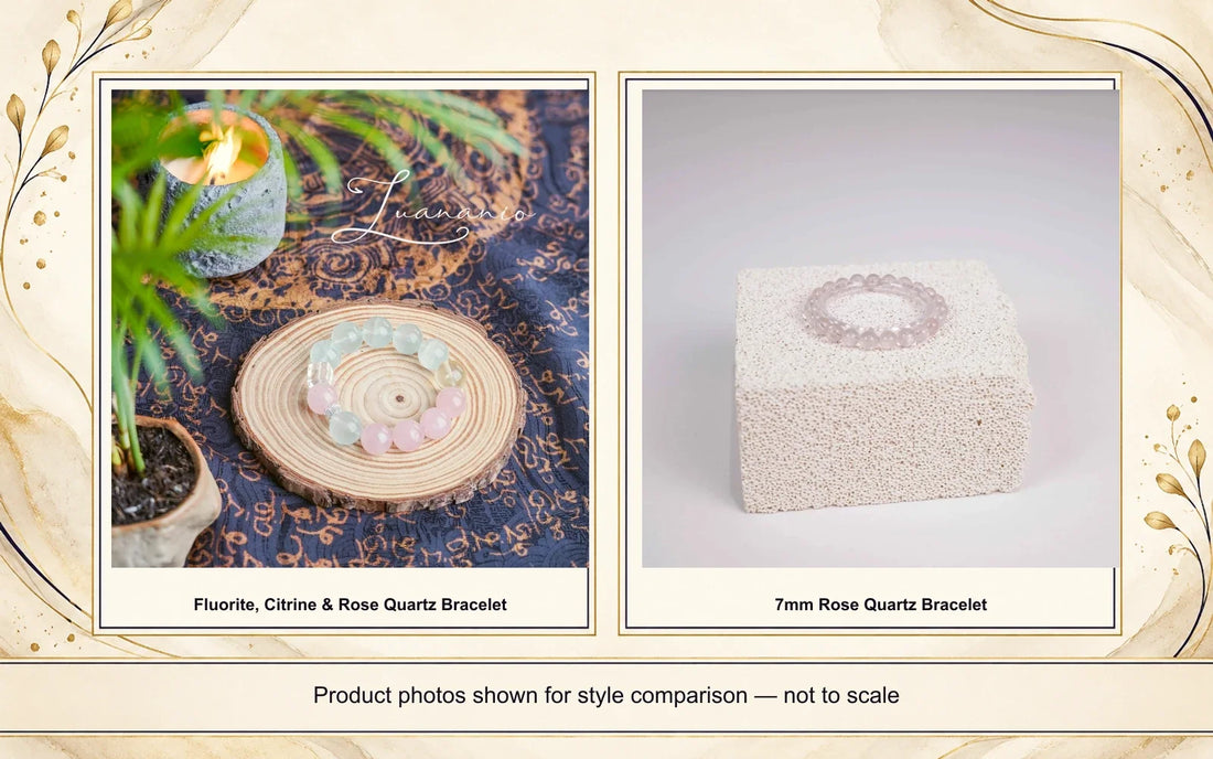 Original mixed-crystal and rose quartz bracelet photos in separate panels for visual comparison, not to scale