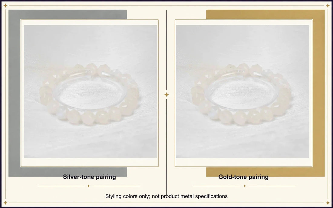 The same original moonstone bracelet photo beside silver-tone and gold-tone color swatches