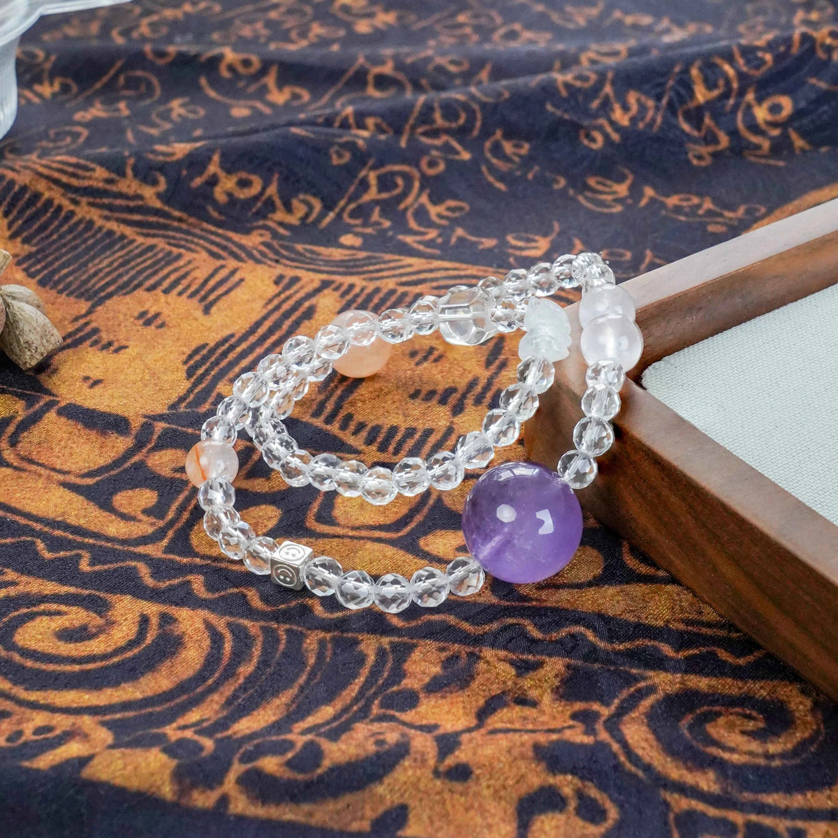 Lavender Amethyst Clear Quartz Fanta Rose Quartz Smiley Charm Bracelet - Joy, Calm & Love