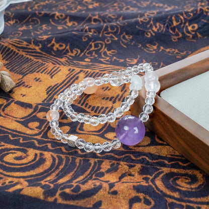 Lavender Amethyst Clear Quartz Fanta Rose Quartz Smiley Charm Bracelet - Joy, Calm & Love