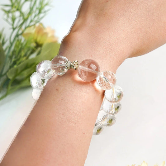 Faceted Clear Quartz Bracelet with Rose Quartz & Zircon Charm - Amplify Love, Clarity & Positive Energy