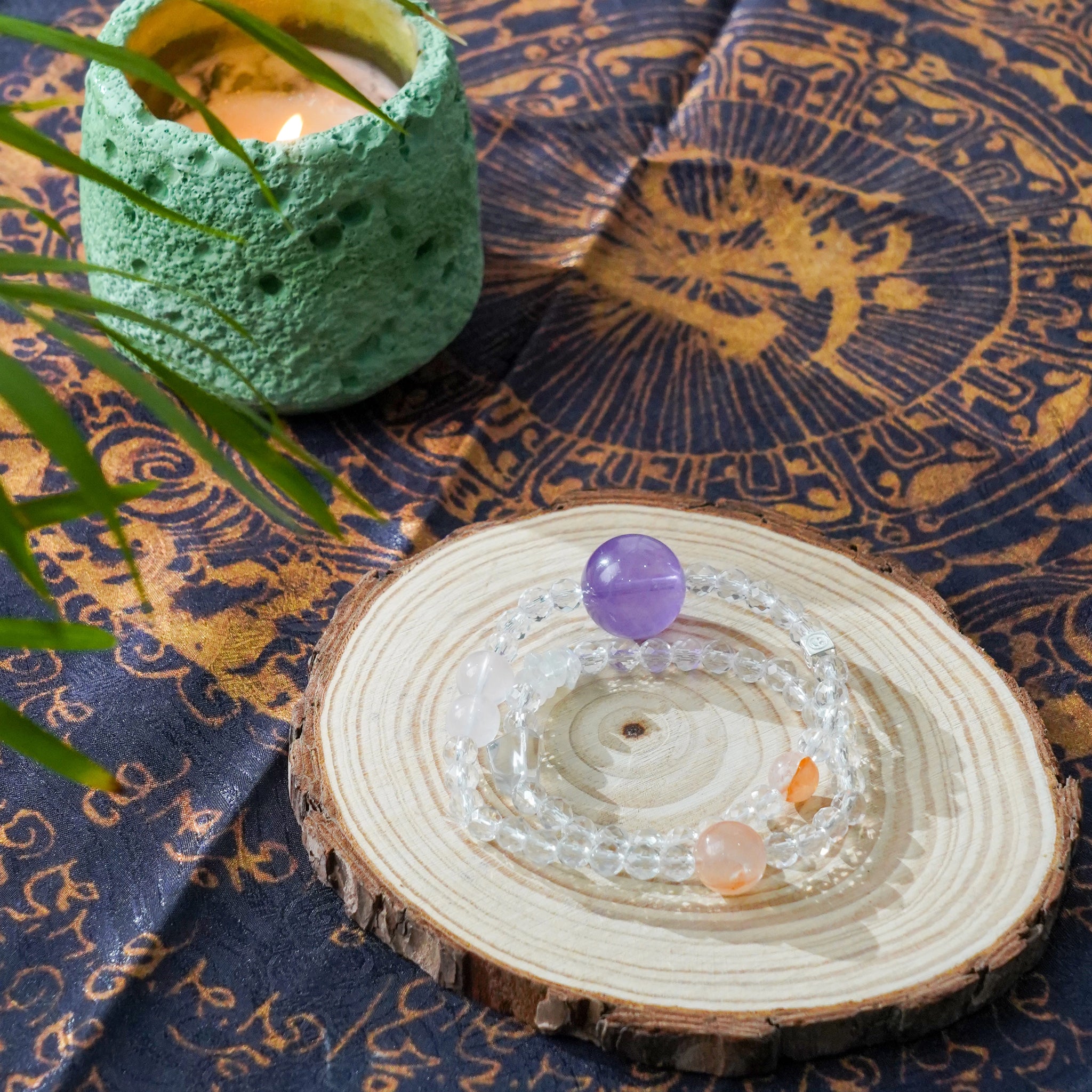 Lavender Amethyst Clear Quartz Fanta Rose Quartz Smiley Charm Bracelet - Joy, Calm & Love