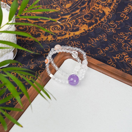 Lavender Amethyst Clear Quartz Fanta Rose Quartz Smiley Charm Bracelet - Joy, Calm & Love