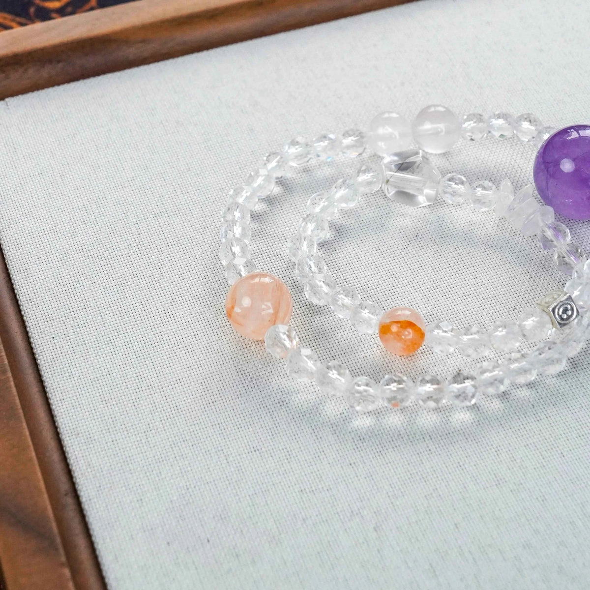 Lavender Amethyst Clear Quartz Fanta Rose Quartz Smiley Charm Bracelet - Joy, Calm & Love