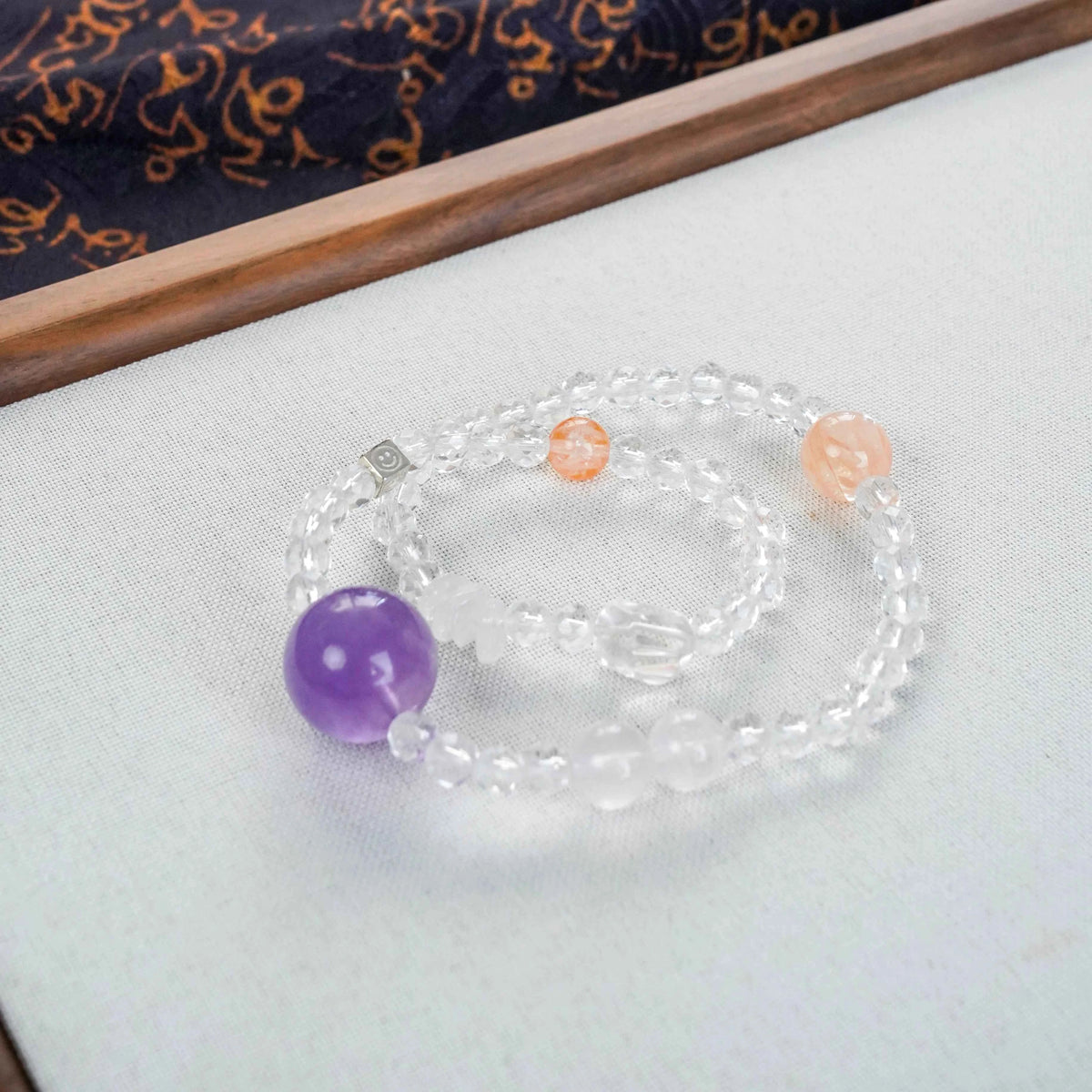Lavender Amethyst Clear Quartz Fanta Rose Quartz Smiley Charm Bracelet - Joy, Calm & Love