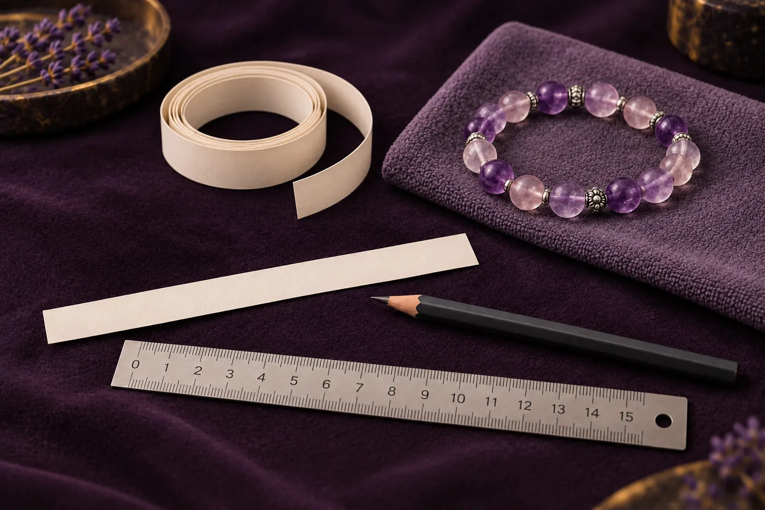 Paper strips, a pencil and a metric ruler prepared for measuring a wrist