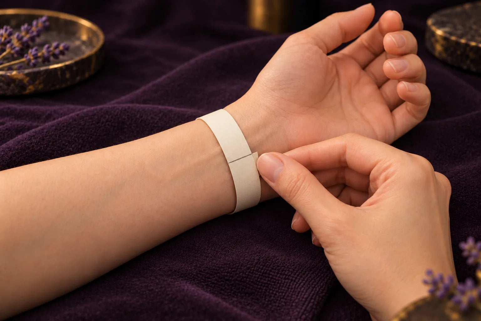 Hands holding a snug paper strip around the wrist with the overlap marked