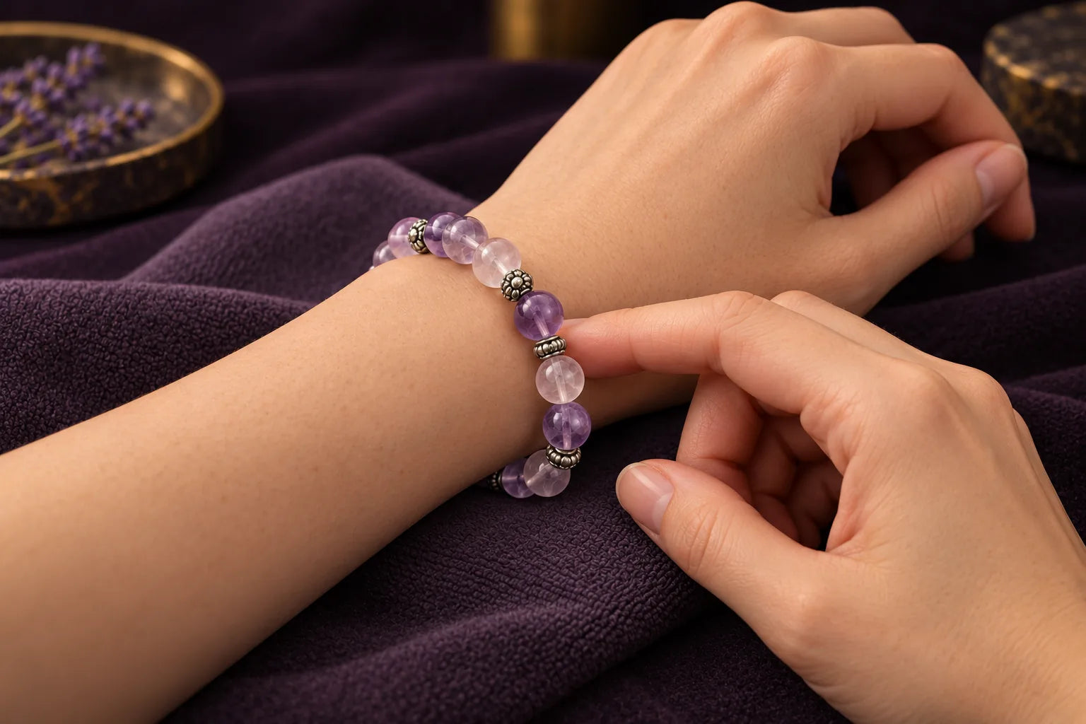 A fingertip gently checking the space between a crystal bracelet and the wrist