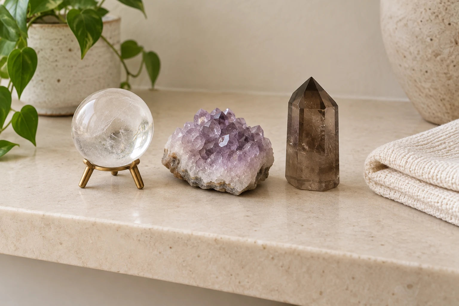 Crystal sphere, amethyst cluster and smoky quartz point placed securely beside a dry care cloth