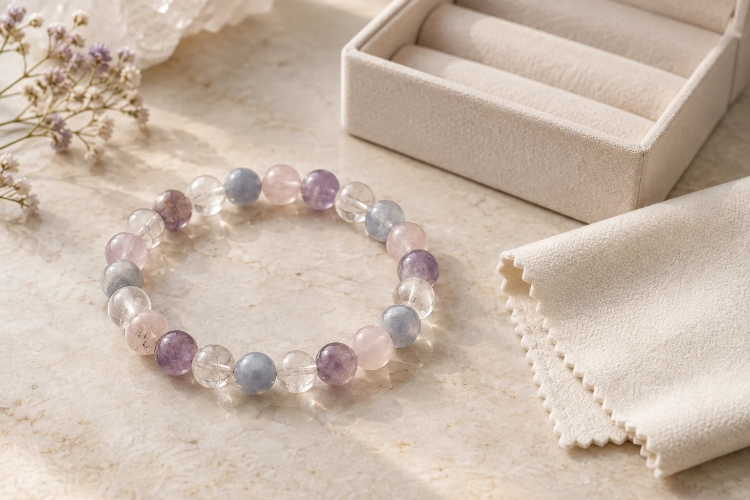 Natural crystal bracelet beside a soft dry cloth and padded jewelry box