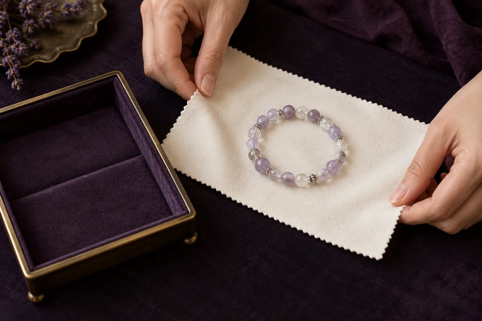 Crystal bracelet on a soft cloth with clean dry hands and a padded jewelry tray