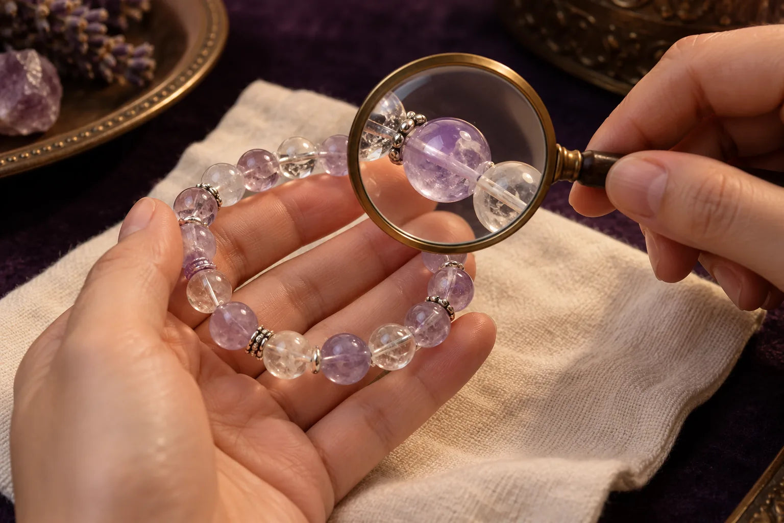 Hands inspecting crystal beads, elastic, knot and findings with a magnifying glass