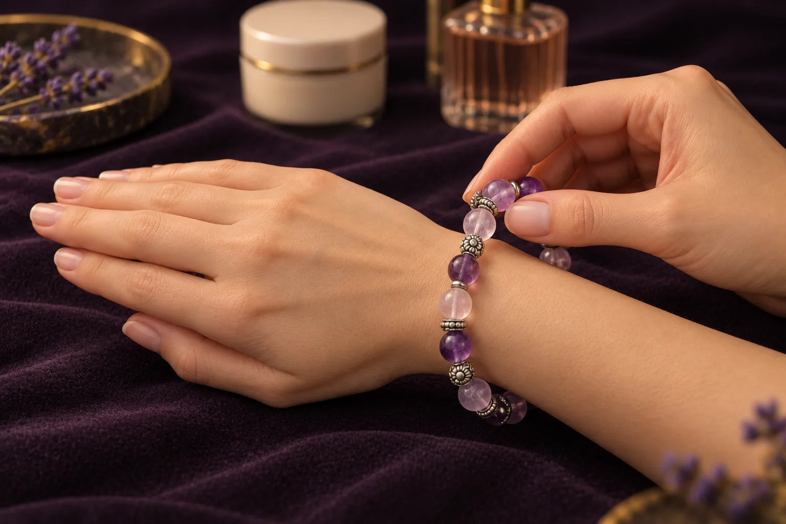 Hand gently rolling a crystal bracelet onto a dry wrist after personal care products