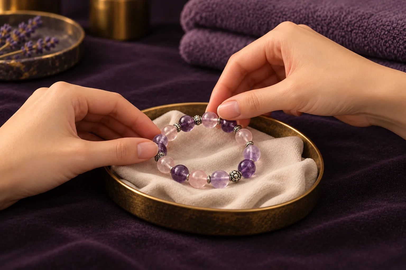 Hand removing a crystal bracelet before showering, swimming, exercise, cleaning and sleep