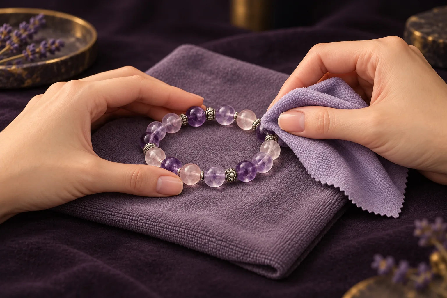 Hands supporting a crystal bracelet and wiping each bead with a dry microfiber cloth