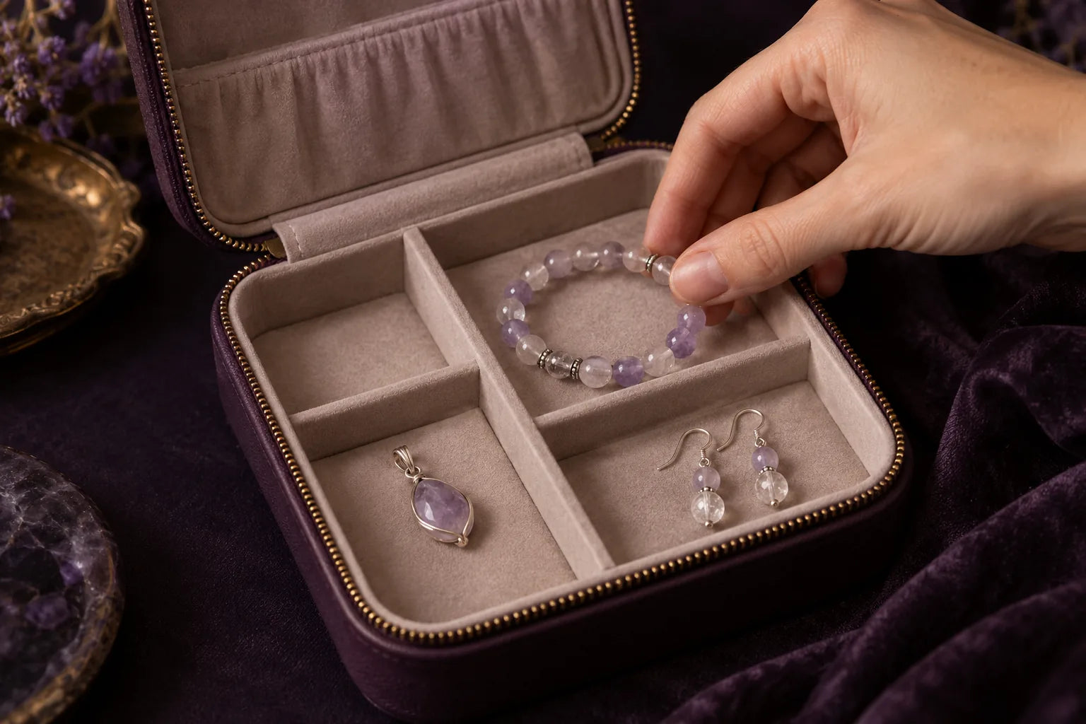 Crystal bracelet, pendant and earrings stored flat in separate padded compartments