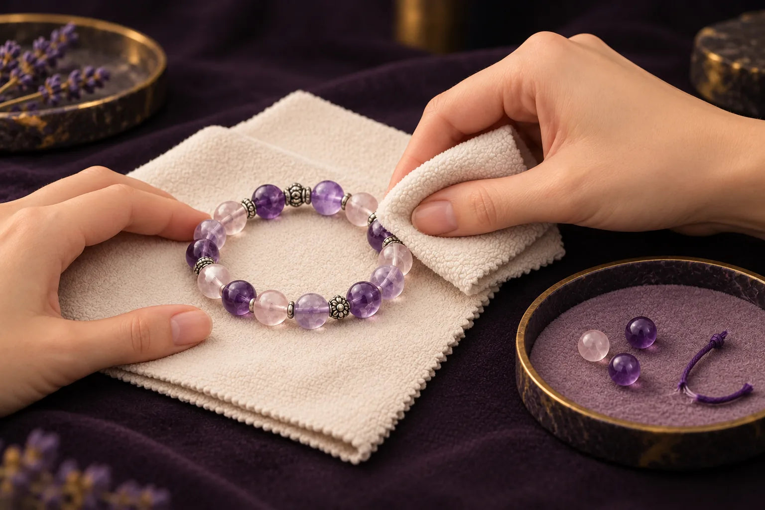 Wet crystal bracelet being blotted dry beside a damaged bracelet set aside in a tray