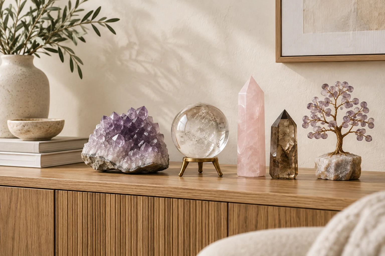 Natural crystal sphere, cluster, tower and gemstone tree styled on a warm oak console